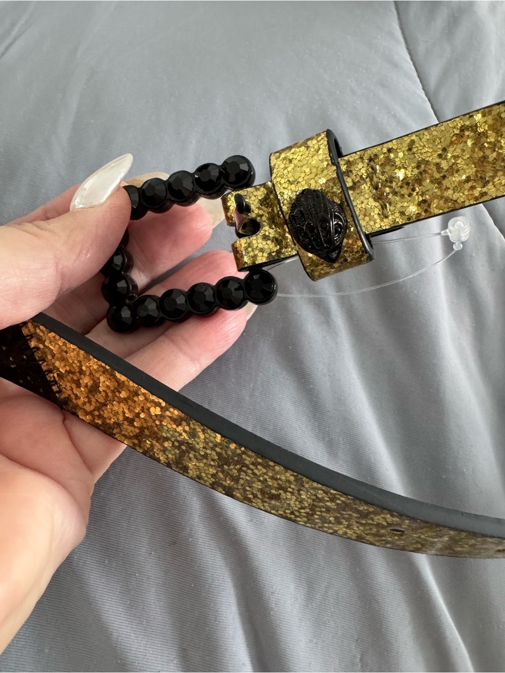 Kurt Geiger Black & gold glitter Embossed Leather belt Sz L rhinestone buckle